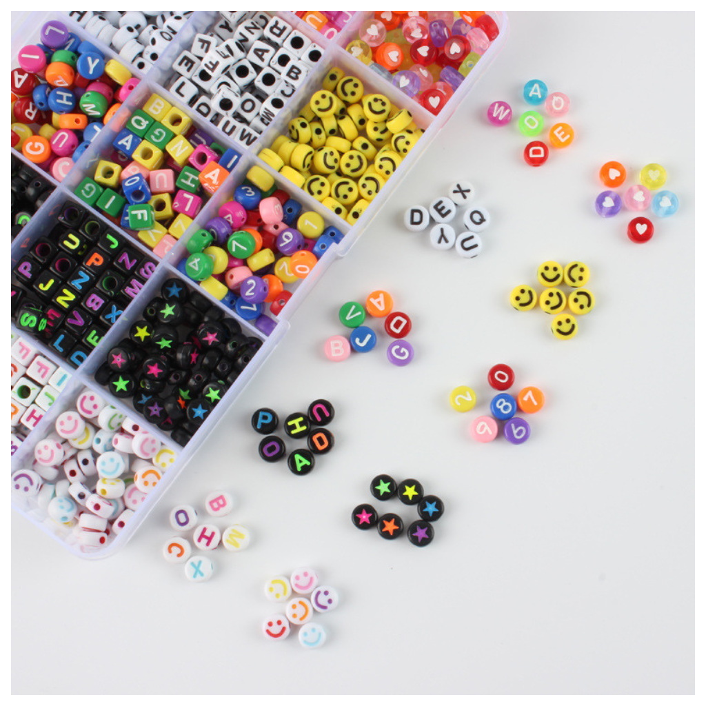 Alphabet Smiley Beads (700+ Pcs approx) - Mixed Designs in a box - Free crystal String