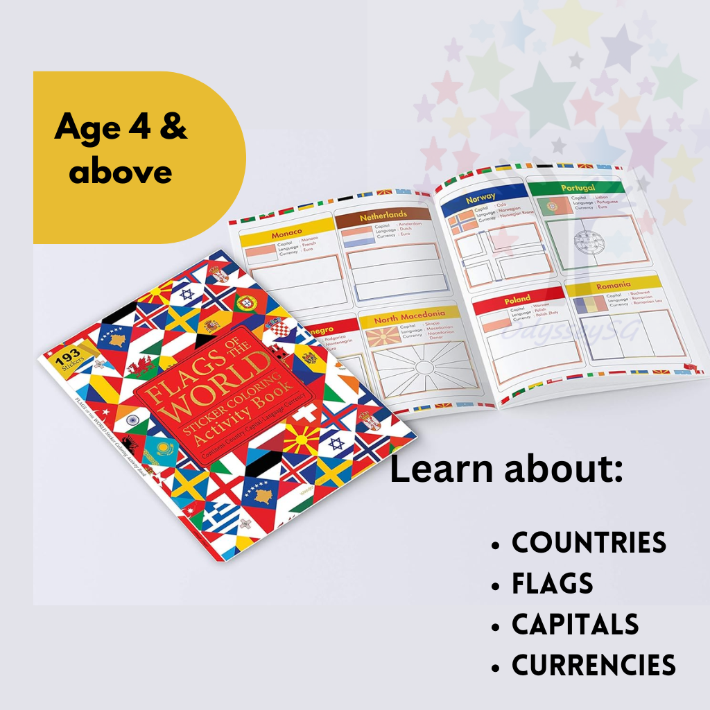 Flags of the World - Sticker Coloring Children Activity Book : Continent, Country, Capital, Language and Currency