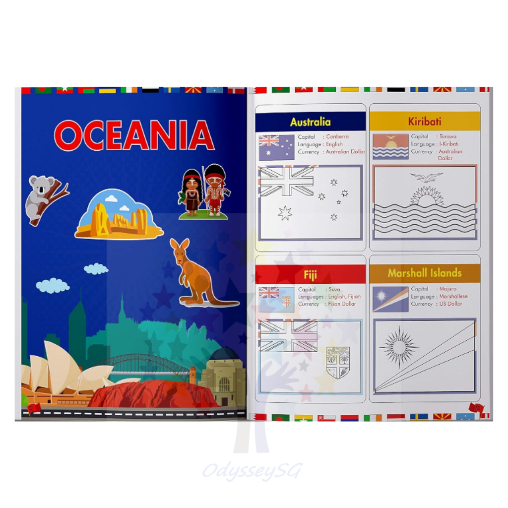Flags of the World - Sticker Coloring Children Activity Book : Continent, Country, Capital, Language and Currency