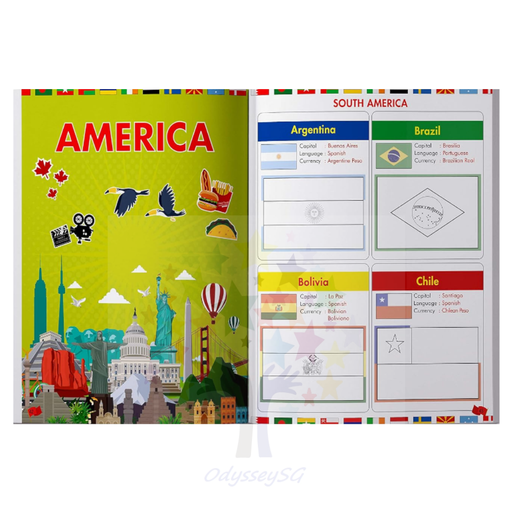 Flags of the World - Sticker Coloring Children Activity Book : Continent, Country, Capital, Language and Currency