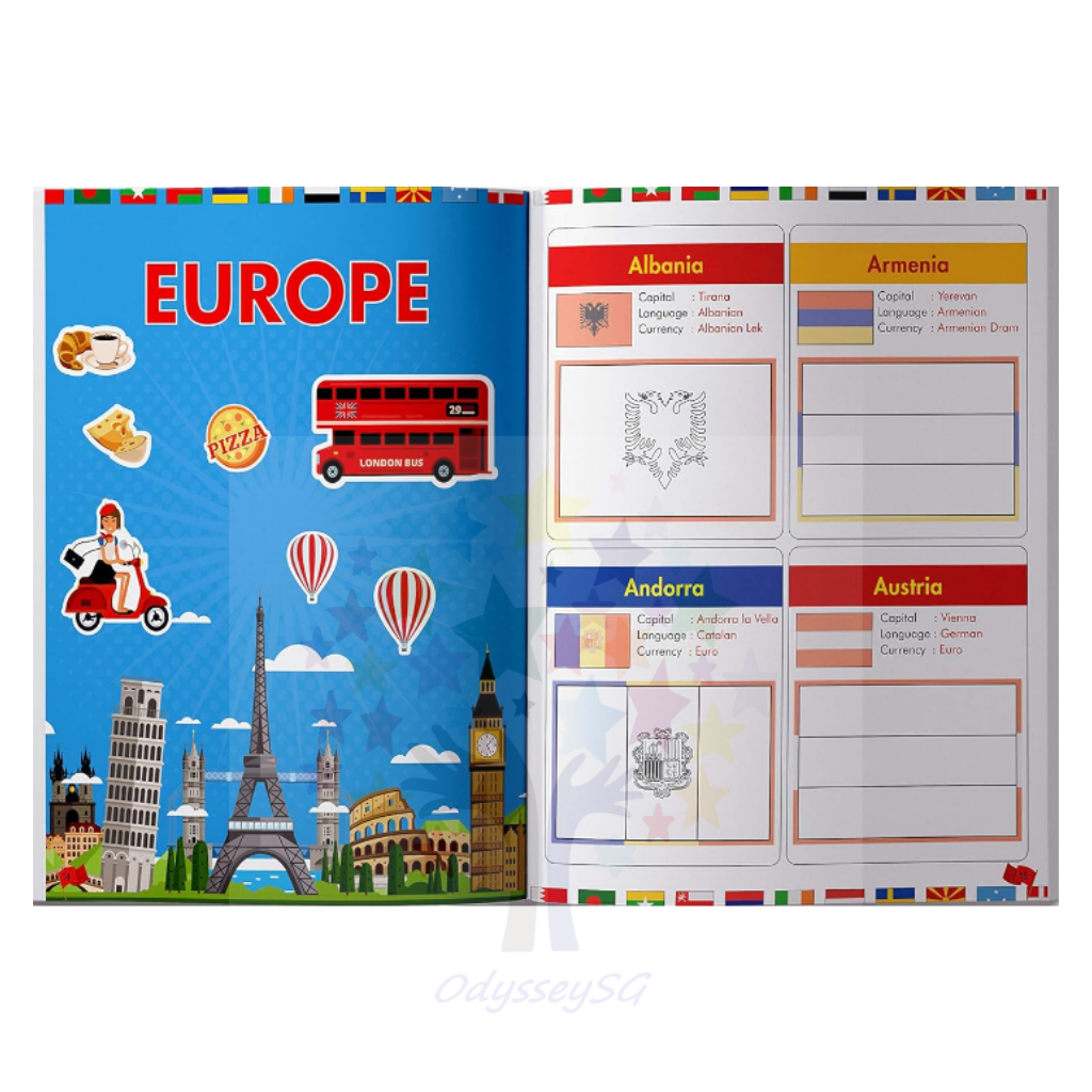 Flags of the World - Sticker Coloring Children Activity Book : Continent, Country, Capital, Language and Currency