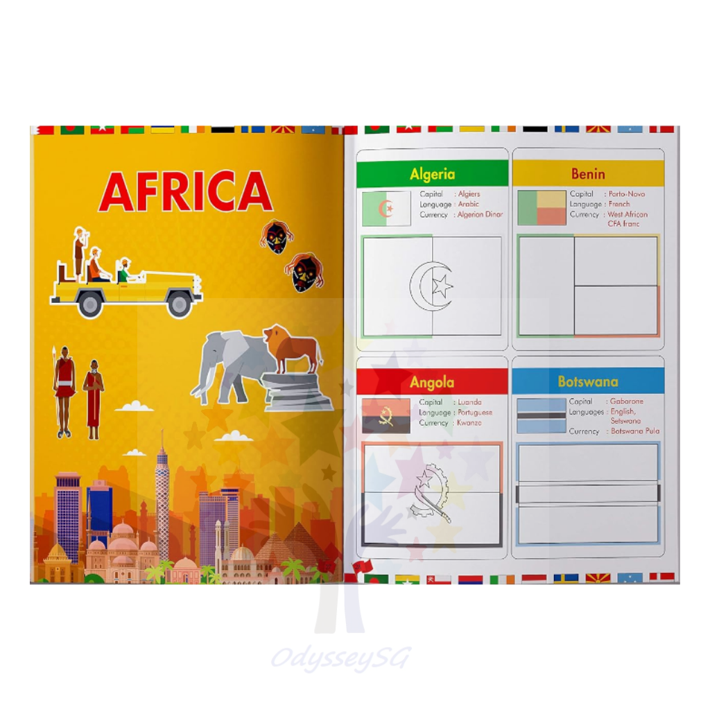 Flags of the World - Sticker Coloring Children Activity Book : Continent, Country, Capital, Language and Currency