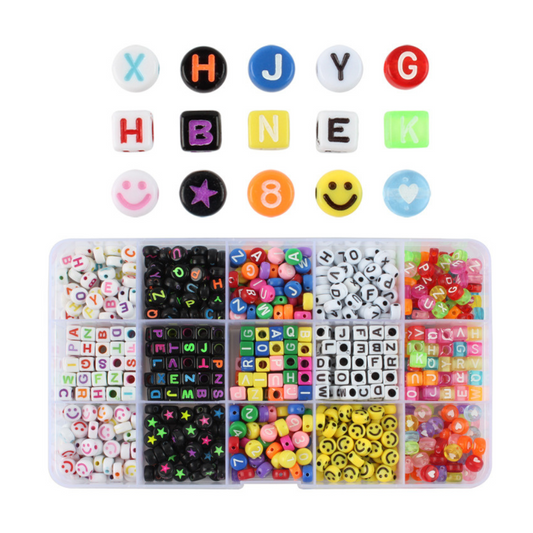 Alphabet Smiley  Beads (700+ Pcs approx) - Mixed Designs in a box - Free crystal String