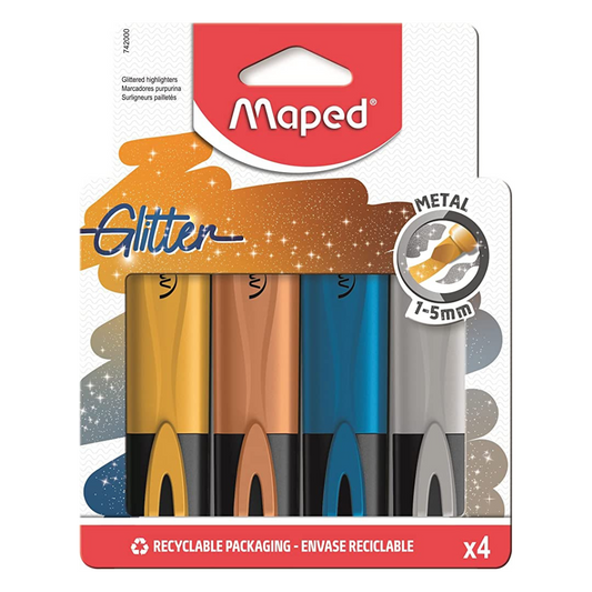 Maped - Glitter Metallic Highlighter Set  - Set of 4 Colours - Silver, Gold , Metallic Blue and Bronze