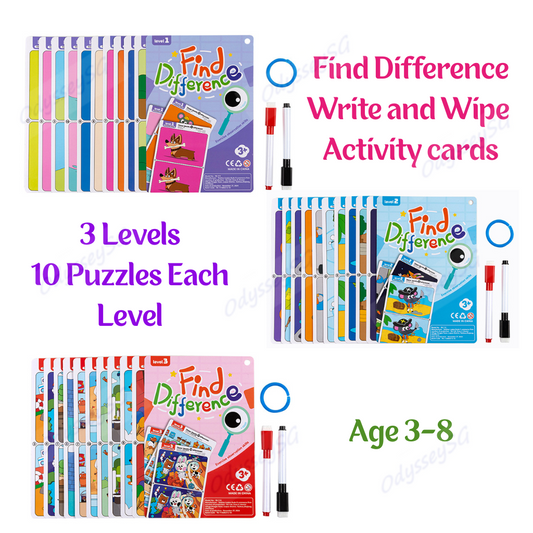 Find the Difference - Write and Wipe Children activity cards - 3 levels - 30 cards w Markers